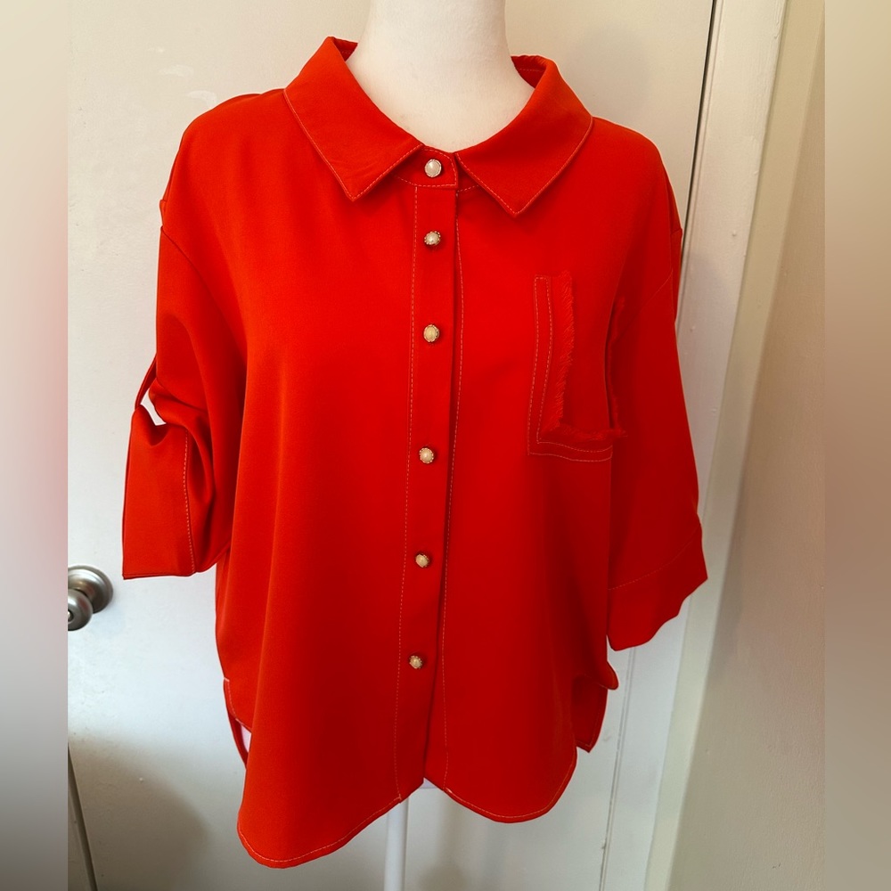 Color: Red Satin Shirt. Medium size. Pre- owned in excellent condition as new